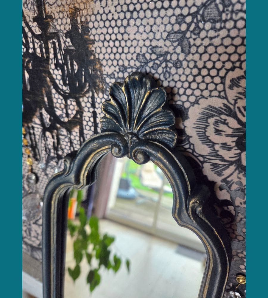 Un miroir vintage rénové – Pièce unique bleu-vert patine dorée – Image 4