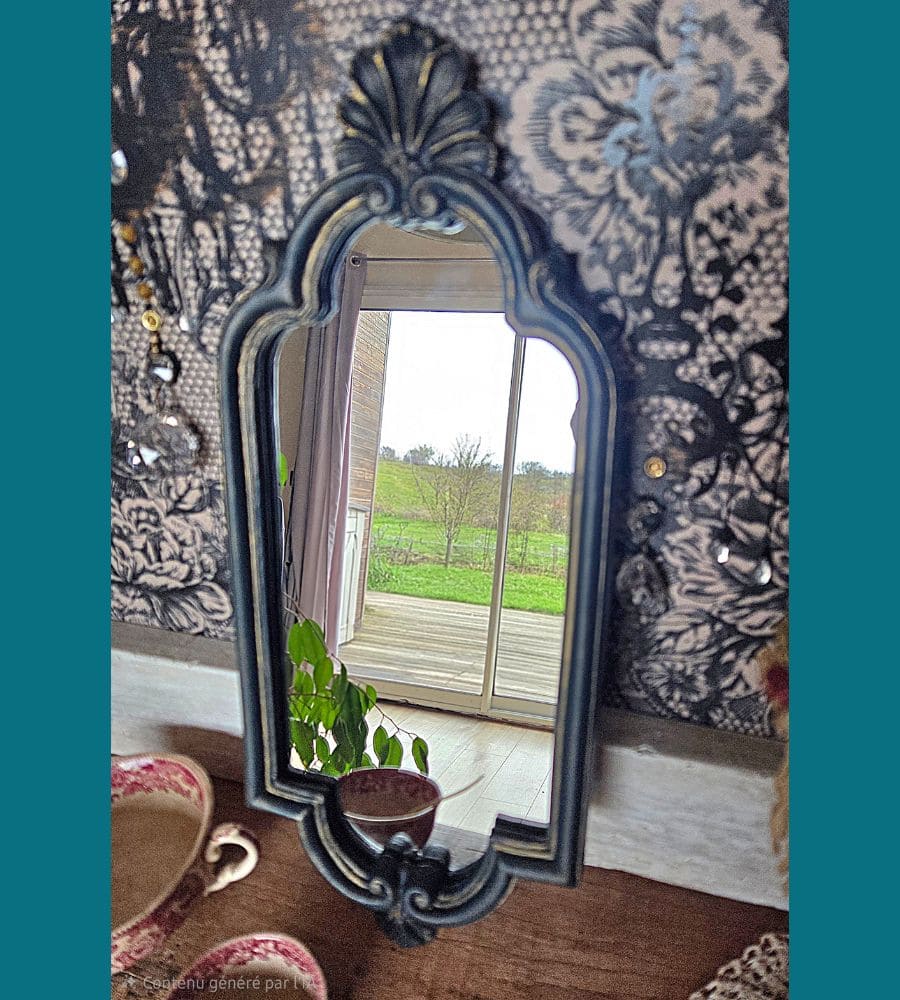 Un miroir vintage rénové – Pièce unique bleu-vert patine dorée – Image 3