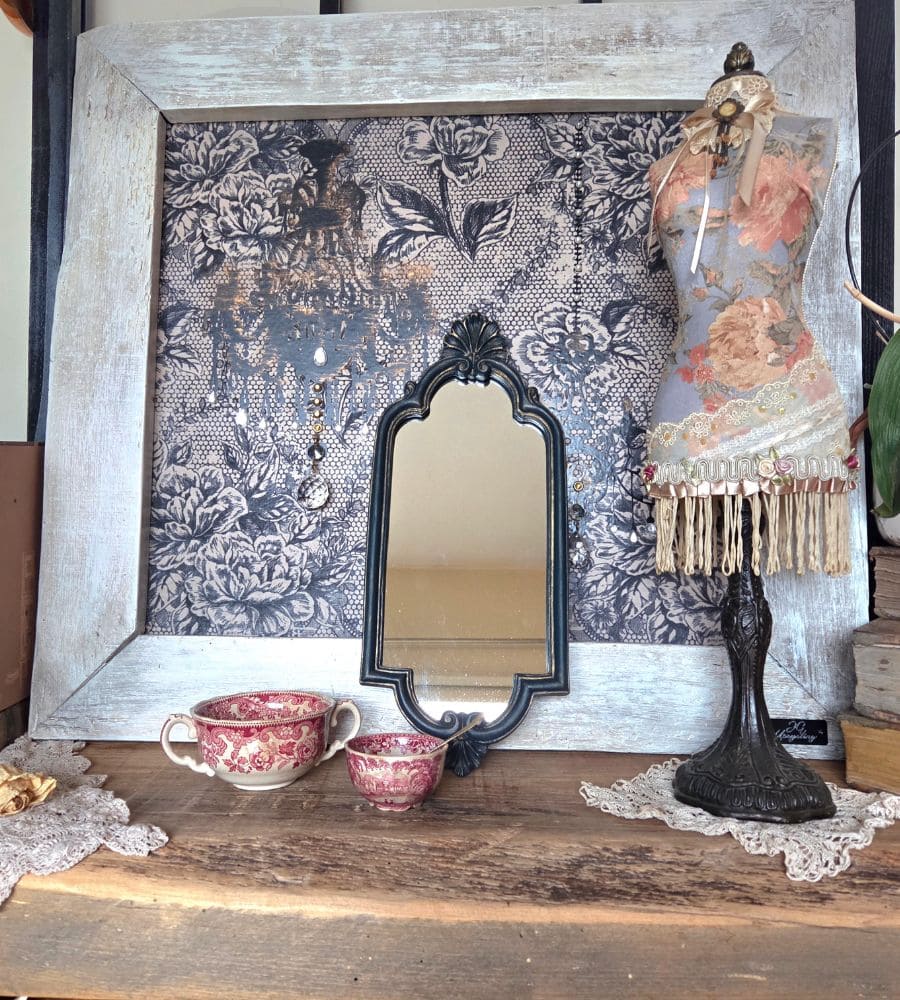 Un miroir vintage rénové – Pièce unique bleu-vert patine dorée – Image 2