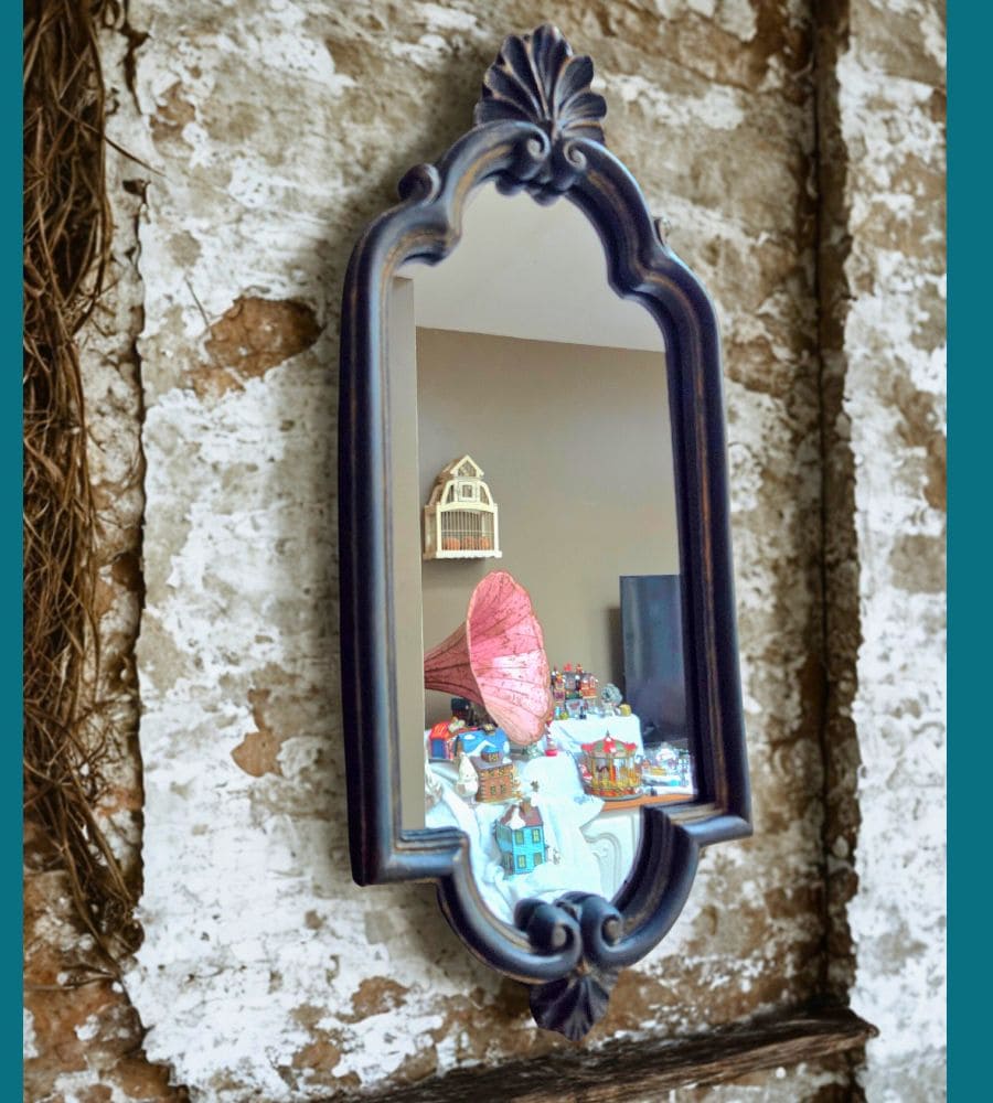 Un miroir vintage rénové – Pièce unique bleu-vert patine dorée – Image 6