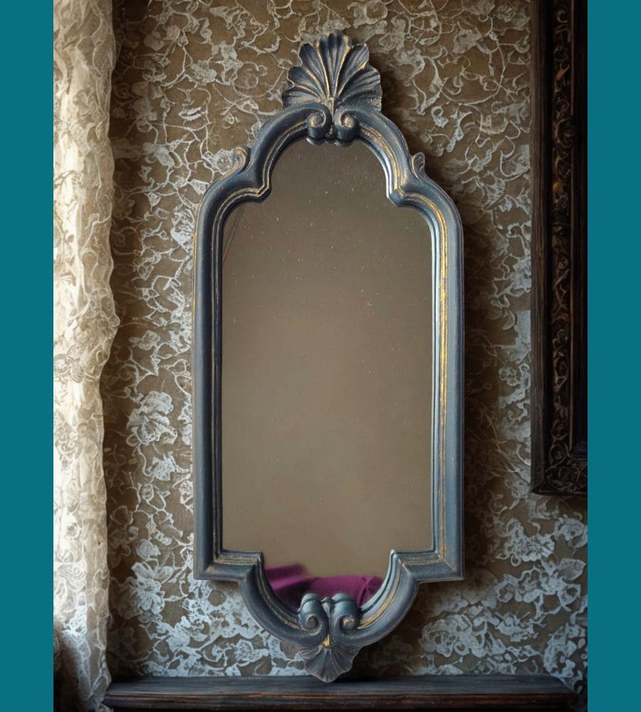 Un miroir vintage rénové – Pièce unique bleu-vert patine dorée – Image 11