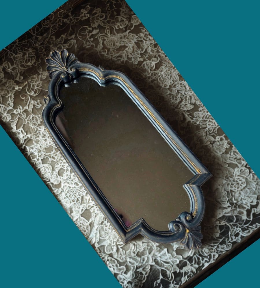 Un miroir vintage rénové – Pièce unique bleu-vert patine dorée – Image 8