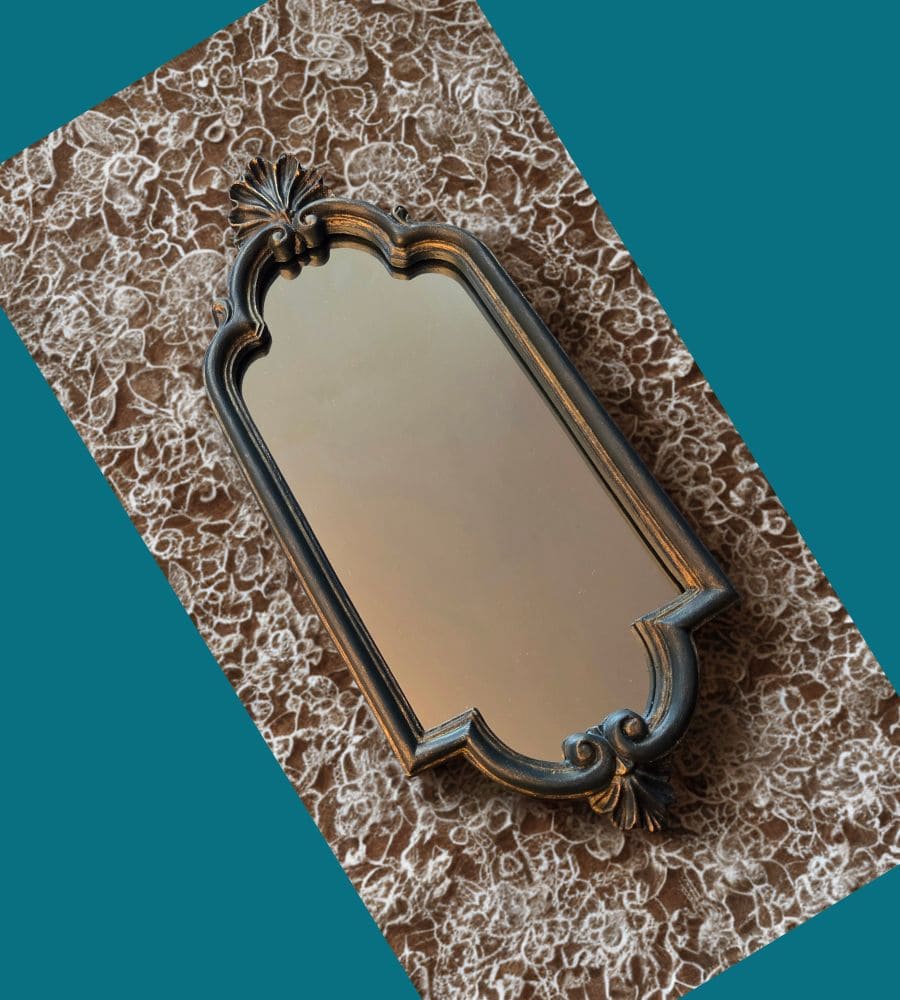 Un miroir vintage rénové – Pièce unique bleu-vert patine dorée – Image 7